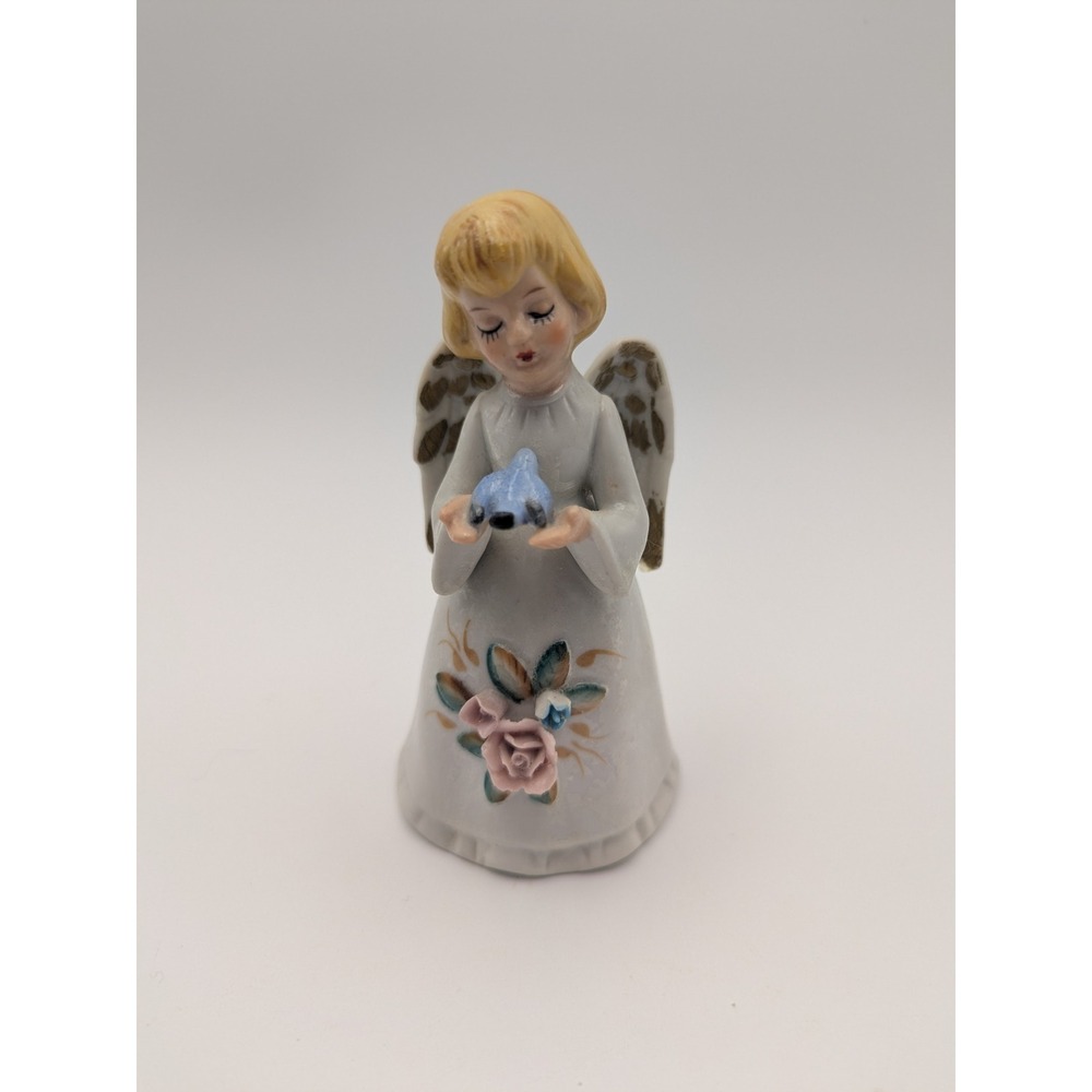 Homco Porcelain Angel Bell Figurine with Blue Bird and Pink Rose Matte Vintage